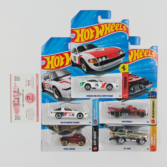 Ferrari 365 GTB4 Competizione, '88 Mitsubishi Starion, Haulerback, Pedal Driver & Lil' Mad by Mattel – Hot Wheels 5-Car Bundle - Prithvi Enterprises