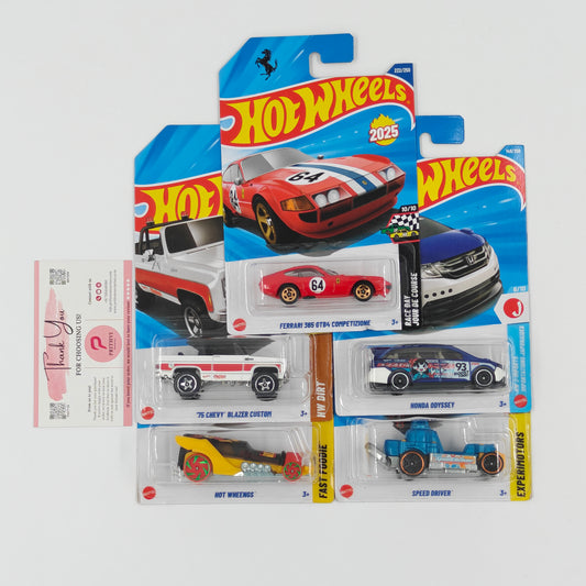 Ferrari 365 GTB4, Honda Odyssey, '75 Chevy Blazer, Hot Wheengs & Speed Driver by Mattel - Hot Wheels 5-Car Bundle