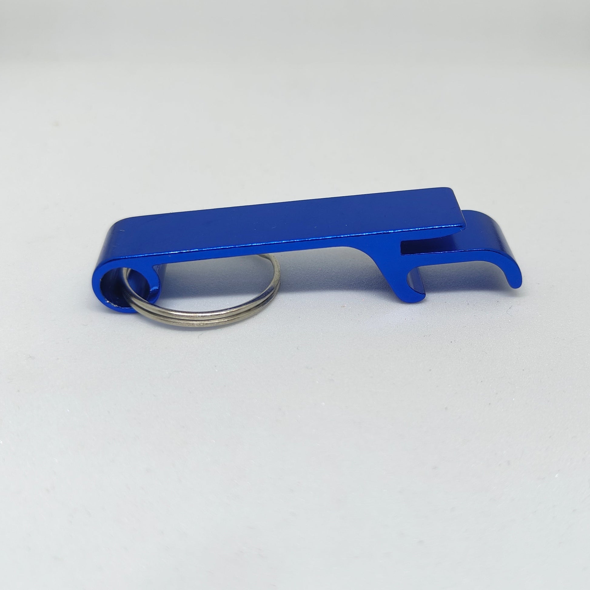 Blue bottle opener keychain on a white background