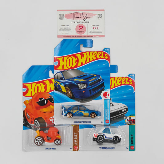 Subaru Impreza WRX, Duck N' Roll & '70 Dodge Charger by Mattel – Hot Wheels Bundle - Prithvi Enterprises