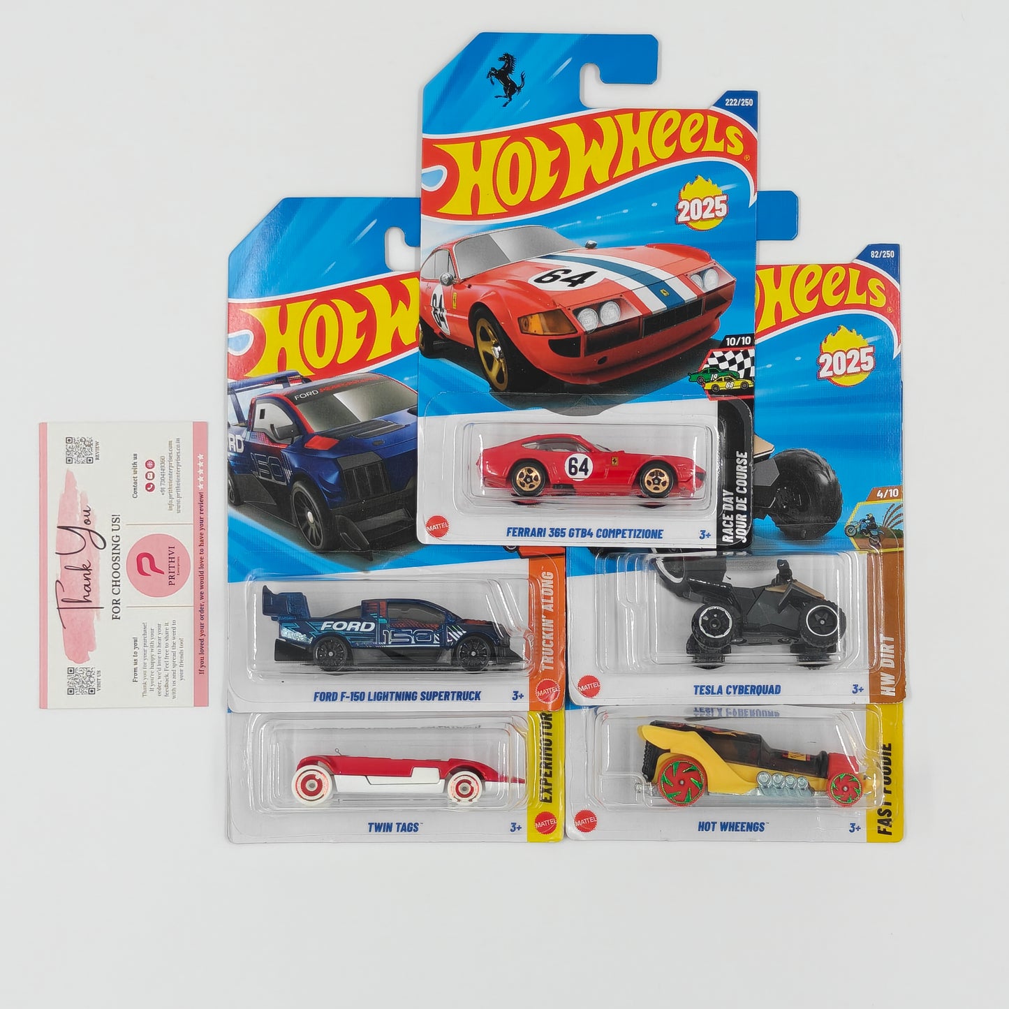 Ferrari 365 GTB4, F-150 Lightning Supertruck, Twin Tags, Tesla Cyberquad & Hot Wheengs by Mattel - Hot Wheels 5-Car Bundle