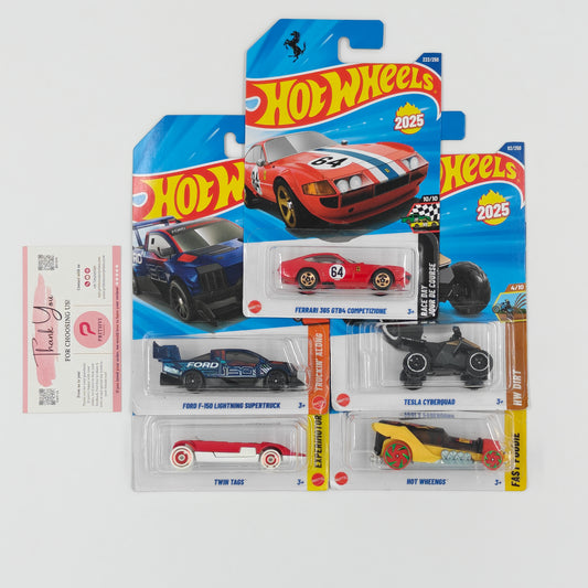 Ferrari 365 GTB4, F-150 Lightning Supertruck, Twin Tags, Tesla Cyberquad & Hot Wheengs by Mattel - Hot Wheels 5-Car Bundle