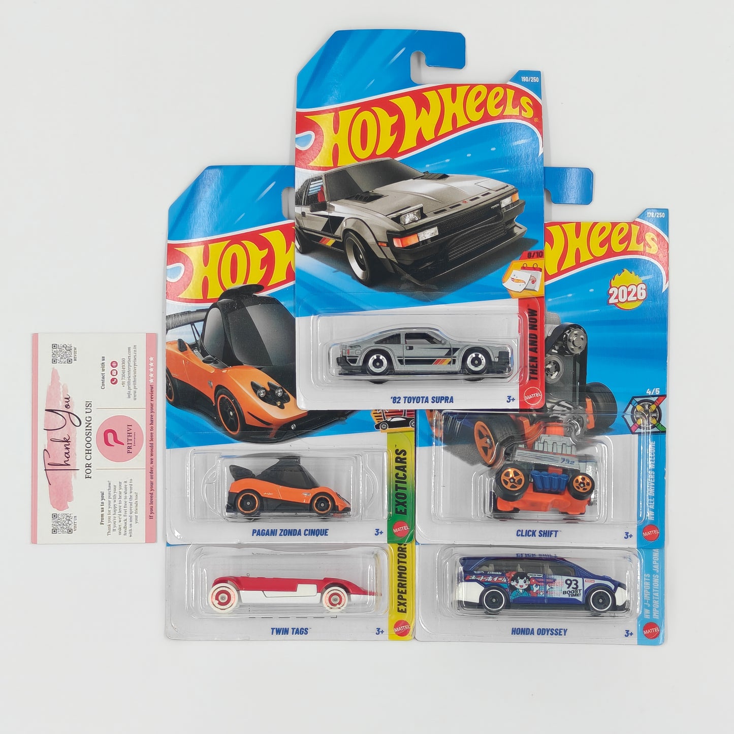'82 Toyota Supra, Pagani Zonda Cinque, Click Shift, Twin Tags & Honda Odyssey by Mattel – Hot Wheels Bundle