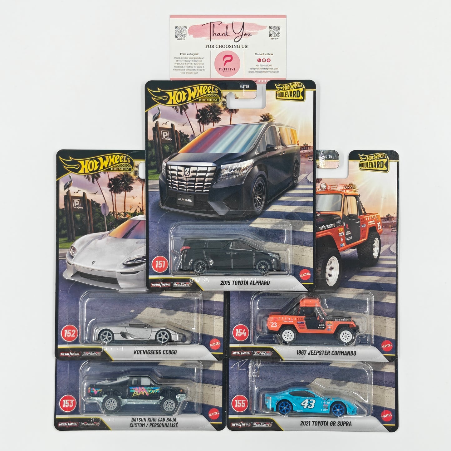 2015 Toyota Alphard (#151), Koenigsegg CC850 (#152), Datsun King Cab Baja Custom / Personnalisé (#153), 1967 Jeepster Commando (#154) & 2021 Toyota GR Supra (#155) by Mattel – Hot Wheels Premium Bundle