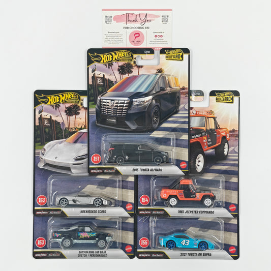 2015 Toyota Alphard (#151), Koenigsegg CC850 (#152), Datsun King Cab Baja Custom / Personnalisé (#153), 1967 Jeepster Commando (#154) & 2021 Toyota GR Supra (#155) by Mattel – Hot Wheels Premium Bundle - Prithvi Enterprises