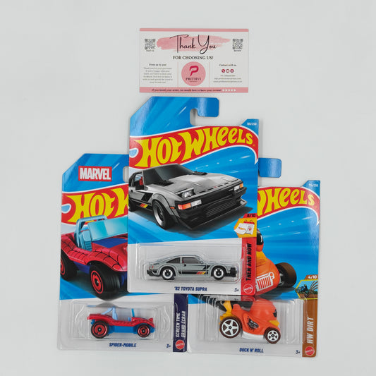 '82 Toyota Supra, Spider-Mobile & Duck N' Roll by Mattel – Hot Wheels Bundle - Prithvi Enterprises