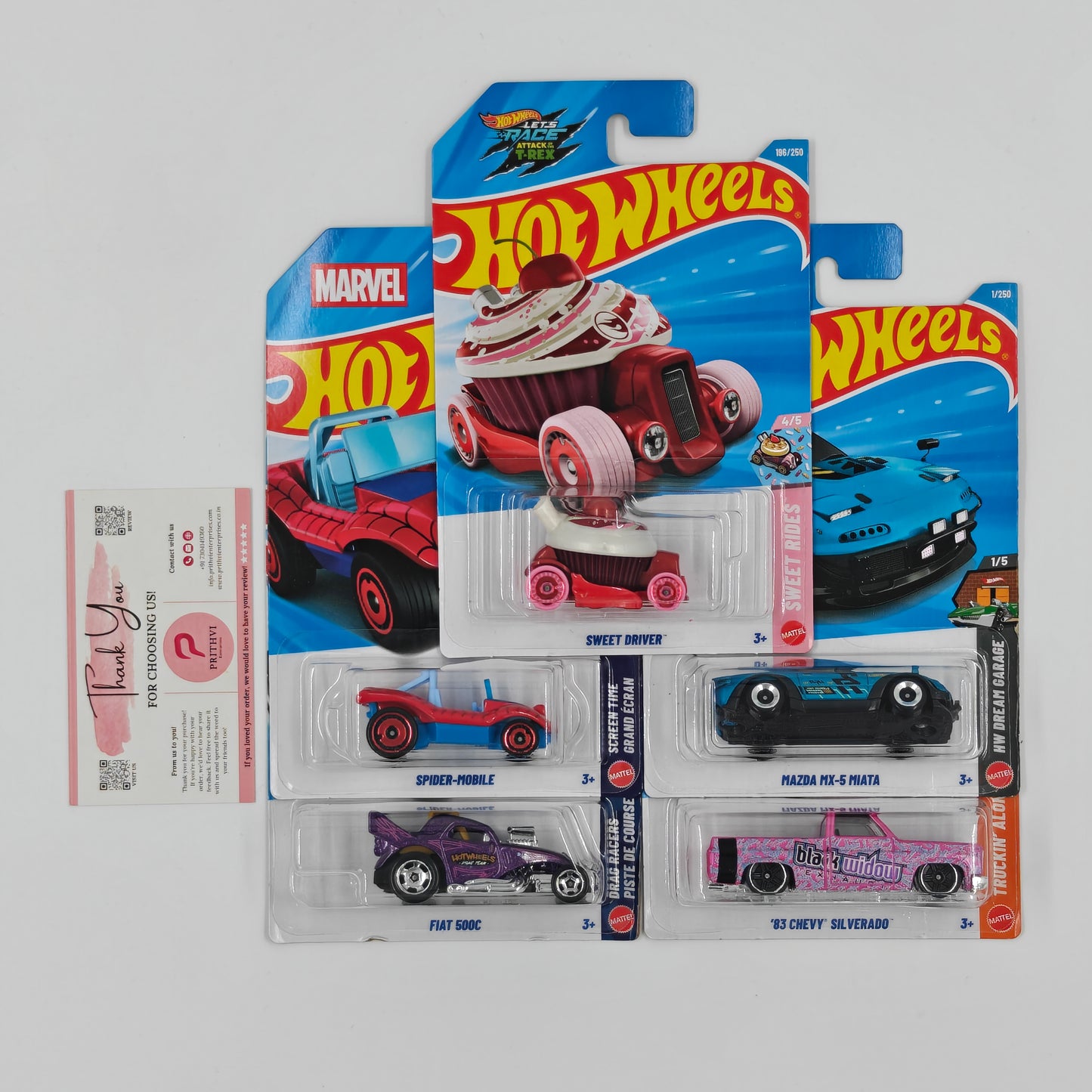 Sweet Driver, Mazda MX-5 Miata, Spider-Mobile, Fiat 500C & '83 Chevy Silverado by Mattel – Hot Wheels 5-Car Bundle