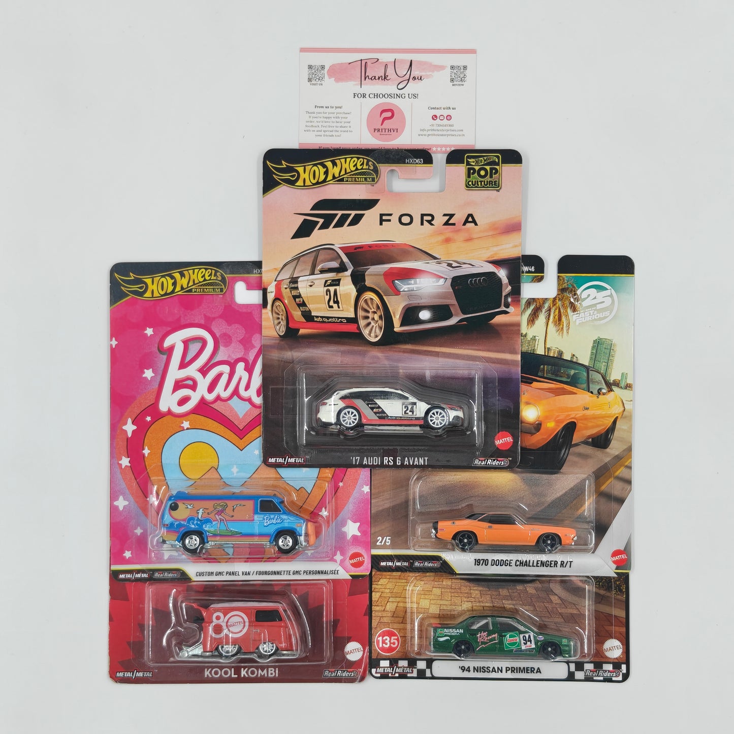 '17 Audi RS6 Avant (Forza), Custom GMC Panel Van / Fourgonnette (Barbie), Kool Kombi, 1970 Dodge Challenger R/T (Fast & Furious) & '94 Nissan Primera by Mattel – Hot Wheels Premium Bundle