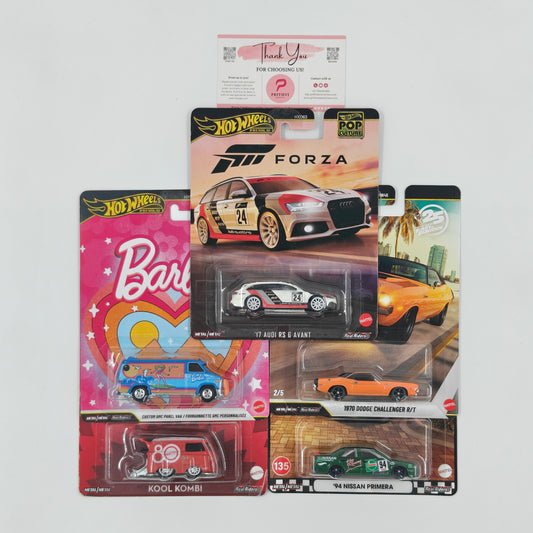 '17 Audi RS6 Avant (Forza), Custom GMC Panel Van / Fourgonnette (Barbie), Kool Kombi, 1970 Dodge Challenger R/T (Fast & Furious) & '94 Nissan Primera by Mattel – Hot Wheels Premium Bundle - Prithvi Enterprises