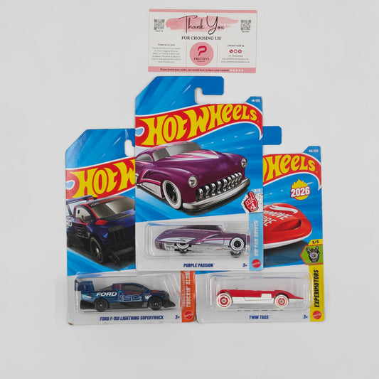 Hot Wheels Bundle – Ford F-150 Lightning Supertruck, Purple Passion & Twin Tags by Mattel