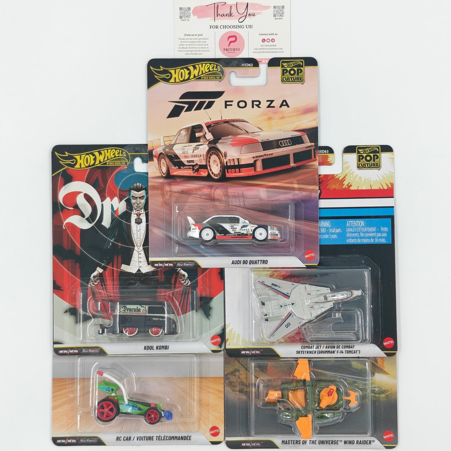 Audi 90 Quattro (Forza), Kool Kombi (Dracula), Combat Jet / Avion de Combat Skystriker (Grumman F-14 Tomcat), RC Car / Voiture Télécommandée & Masters of the Universe Wind Raider by Mattel – Hot Wheels Premium Bundle