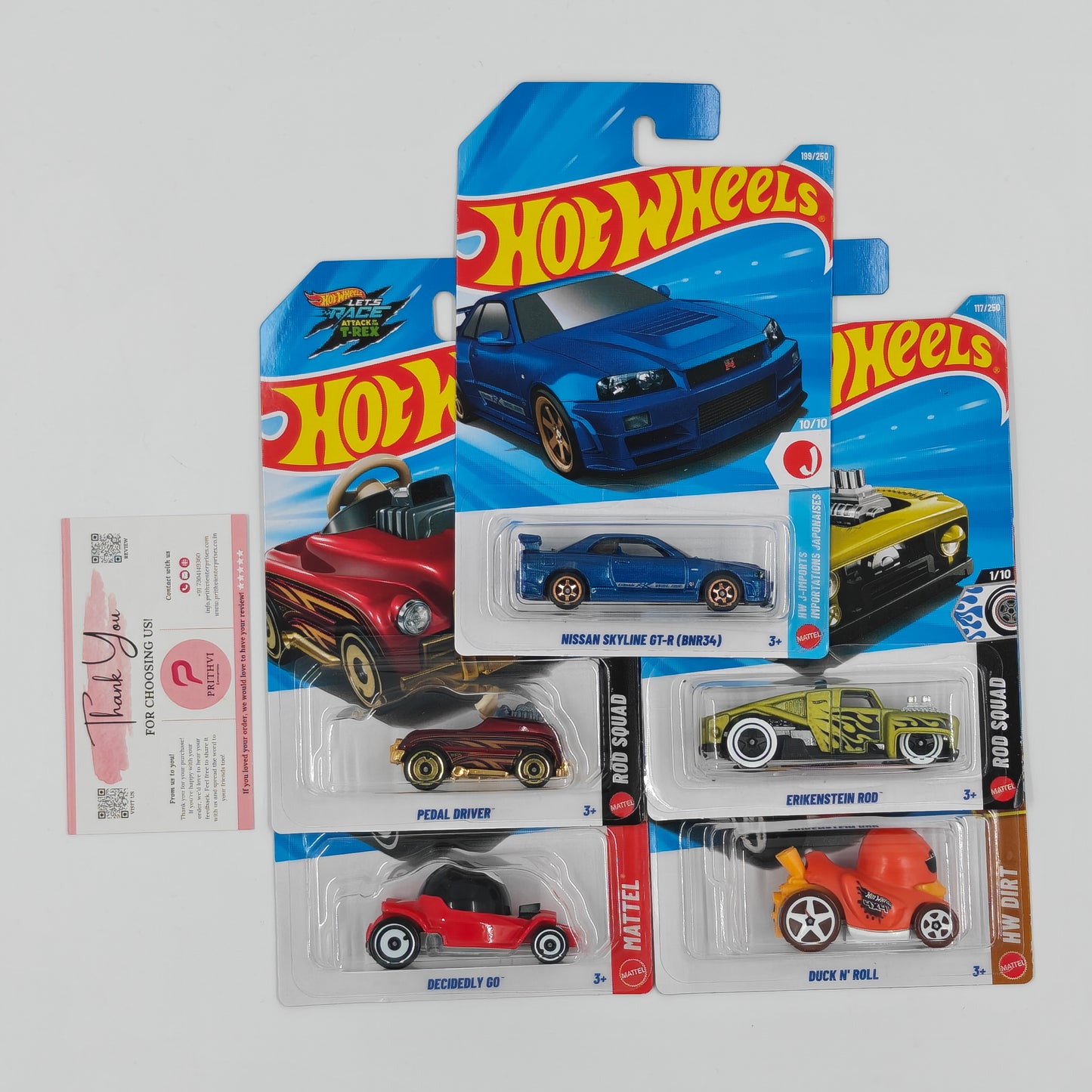 Nissan Skyline GT-R BNR34, Pedal Driver, Erikenstein Rod, Decidedly Go & Duck N' Roll by Mattel – Hot Wheels 5-Car Bundle