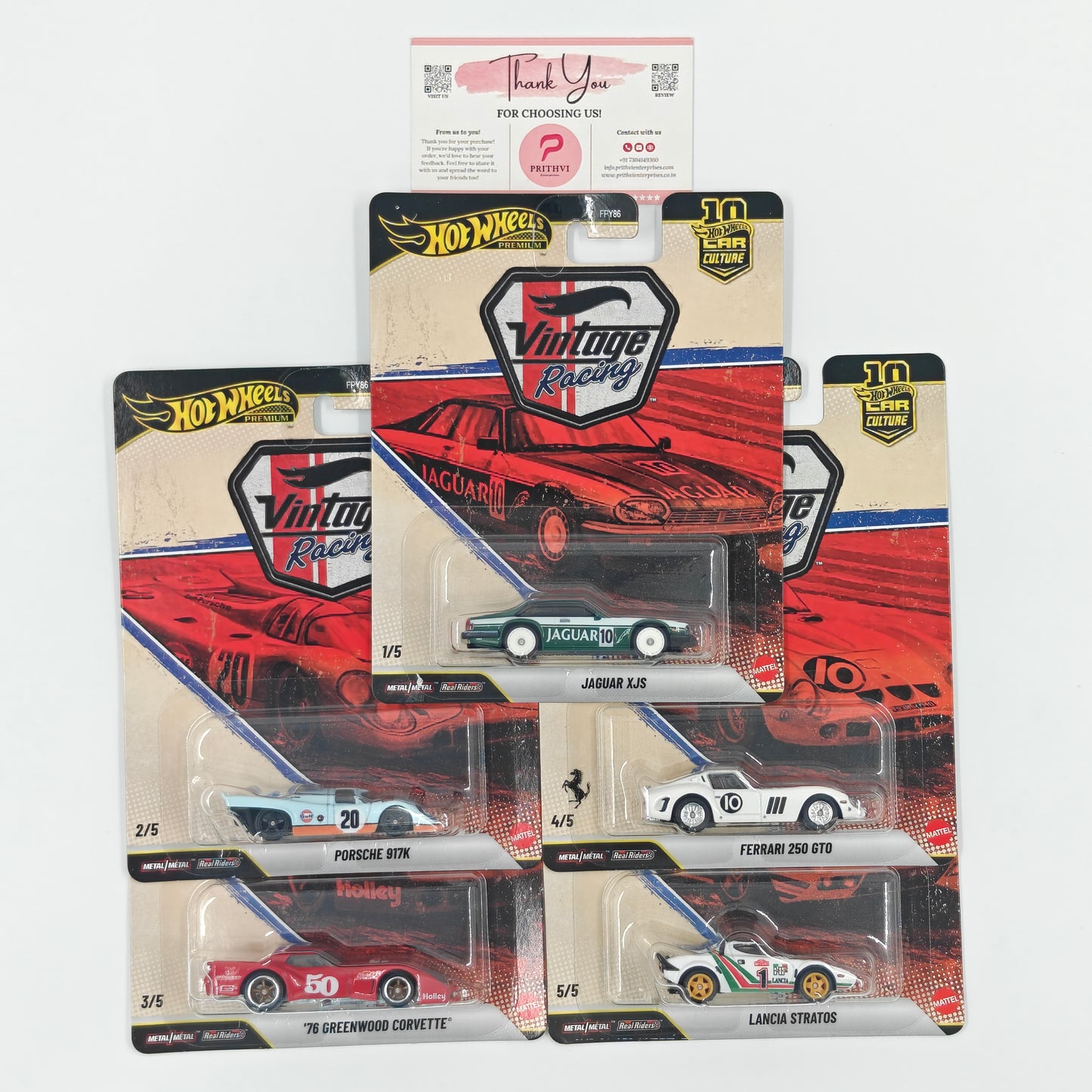 Jaguar XJS (1/5), Porsche 917K (2/5), '76 Greenwood Corvette (3/5), Ferrari 250 GTO (4/5) & Lancia Stratos (5/5) by Mattel – Hot Wheels Premium Bundle