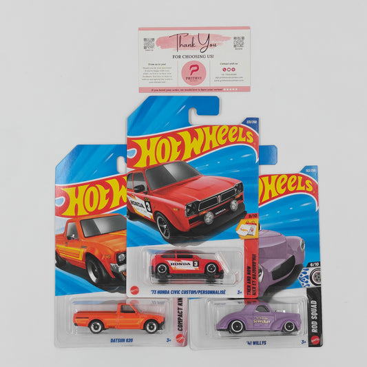 '73 Honda Civic Custom, Datsun 620 & '41 Willys by Mattel - Hot Wheels 2026 Bundle