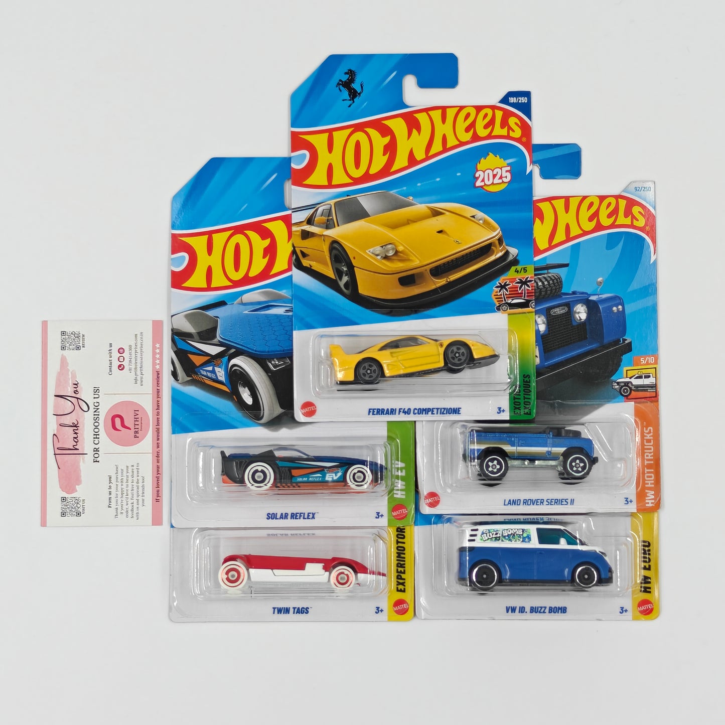 Ferrari F40, Solar Reflex, Twin Tags, Land Rover Series II & VW ID Buzz Bomb by Mattel - Hot Wheels 5-Car Bundle