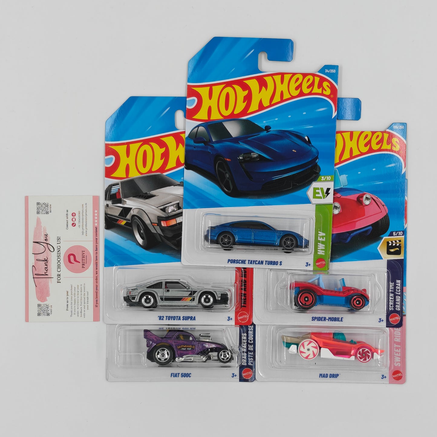 Porsche Taycan Turbo S, '82 Toyota Supra, Spider-Mobile, Fiat 500C & Mad Drip by Mattel – Hot Wheels 5-Car Bundle
