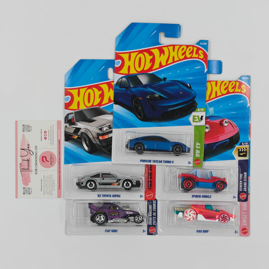 Porsche Taycan Turbo S, '82 Toyota Supra, Spider-Mobile, Fiat 500C & Mad Drip by Mattel – Hot Wheels 5-Car Bundle - Prithvi Enterprises