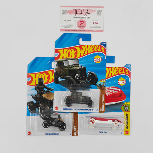 Hot Wheels Bundle – Tesla Cyberquad, Ford Model A Custom '31 & Twin Tags by Mattel