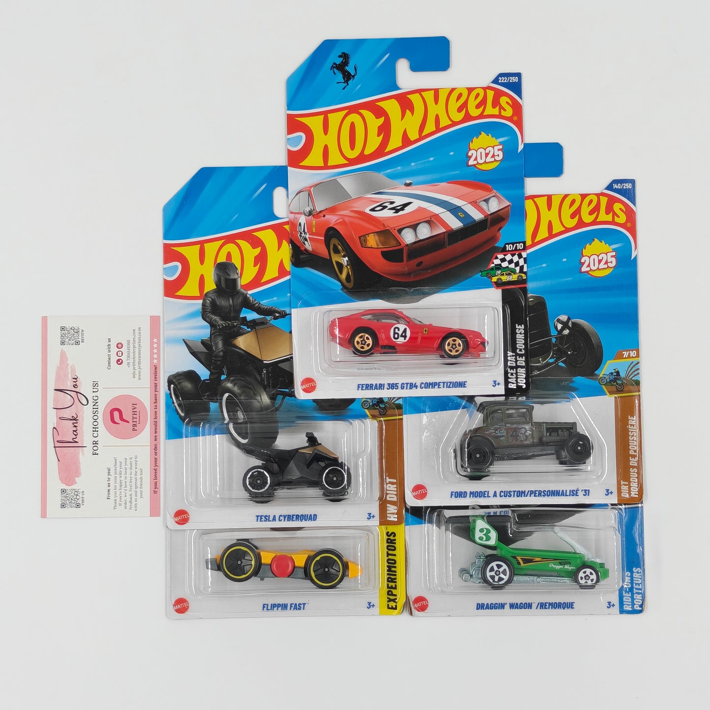 Ferrari 365 GTB4, Ford Model A Custom '31, Tesla Cyberquad, Flippin Fast & Draggin' Wagon by Mattel - Hot Wheels 5-Car Bundle