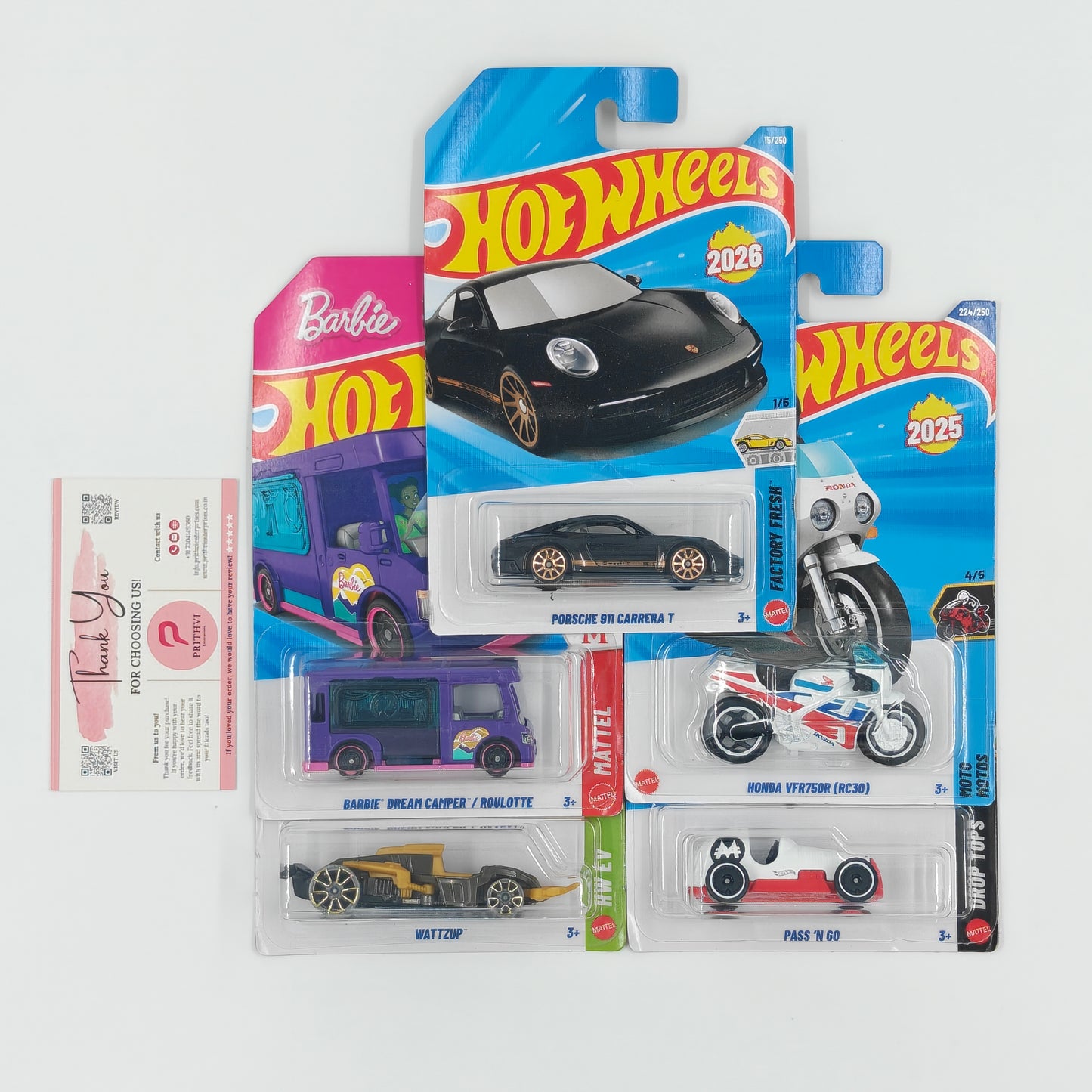 Porsche 911 Carrera T, Barbie Dream Camper / Roulotte, Honda VFR750R (RC30), Wattzup & Pass 'N Go by Mattel – Hot Wheels Bundle