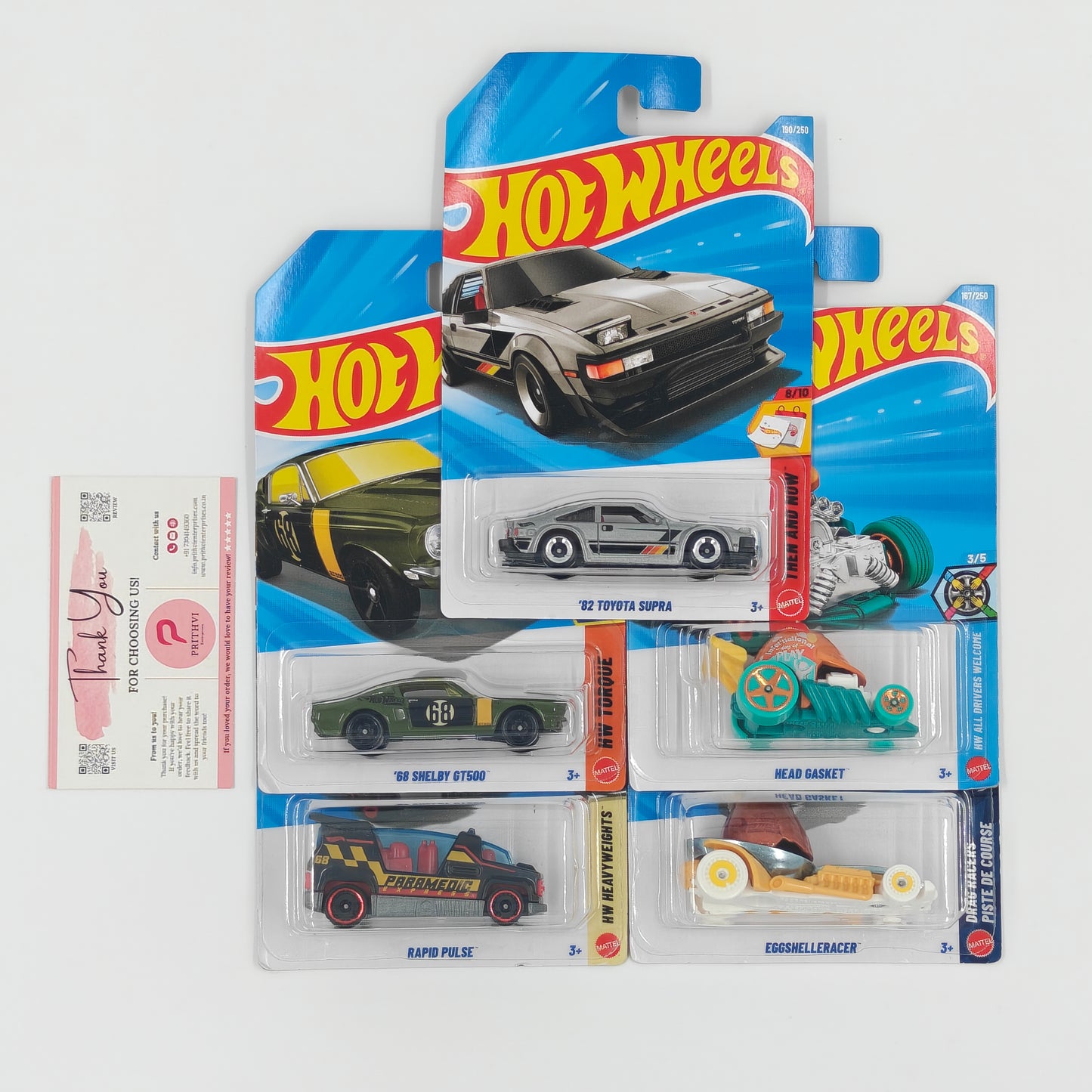 '82 Toyota Supra, '68 Shelby GT500, Head Gasket, Rapid Pulse & Eggshelleracer by Mattel – Hot Wheels Bundle