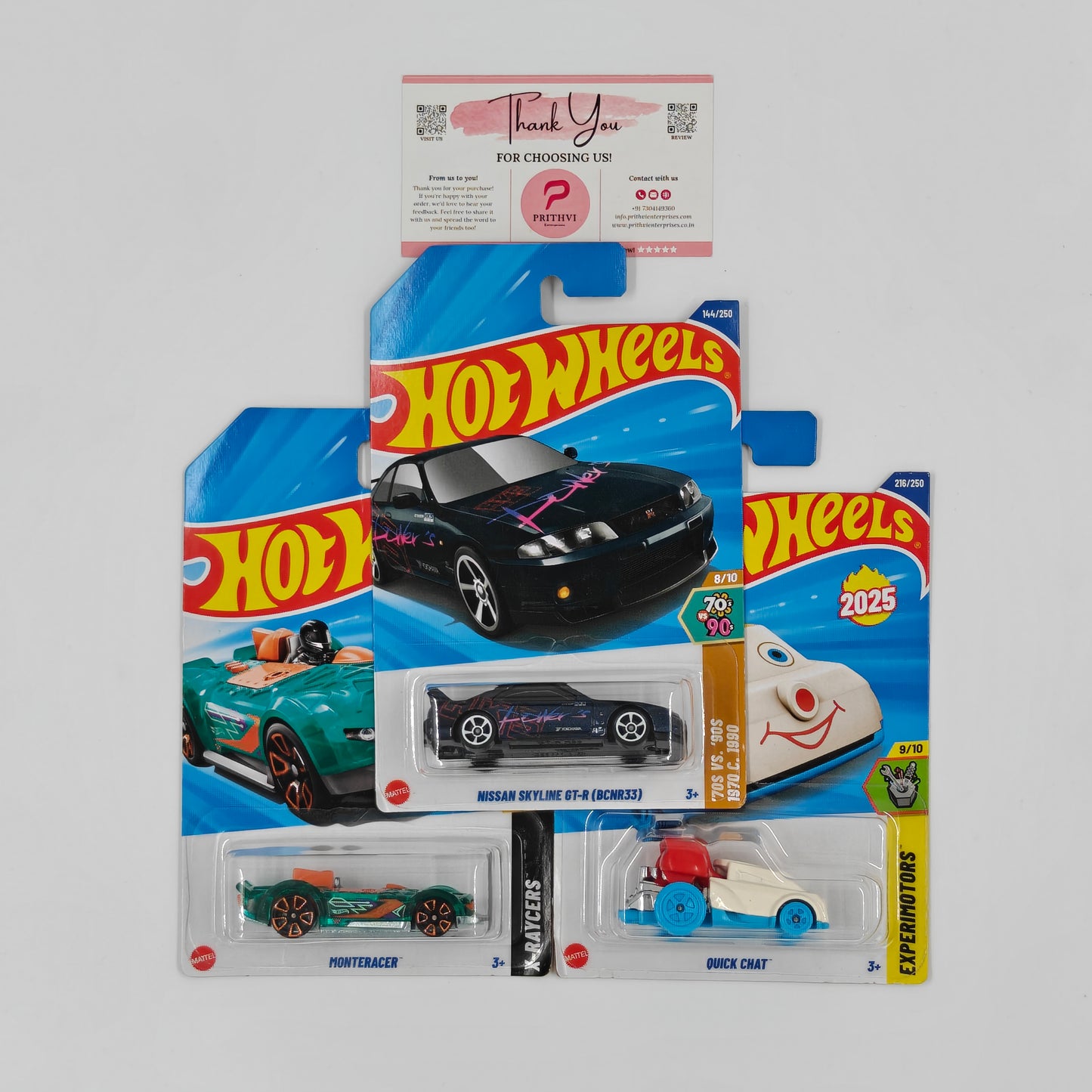 Nissan Skyline GT-R (BCNR33), Monteracer & Quick Chat by Mattel – Hot Wheels Bundle