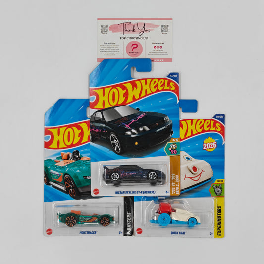 Nissan Skyline GT-R (BCNR33), Monteracer & Quick Chat by Mattel – Hot Wheels Bundle - Prithvi Enterprises
