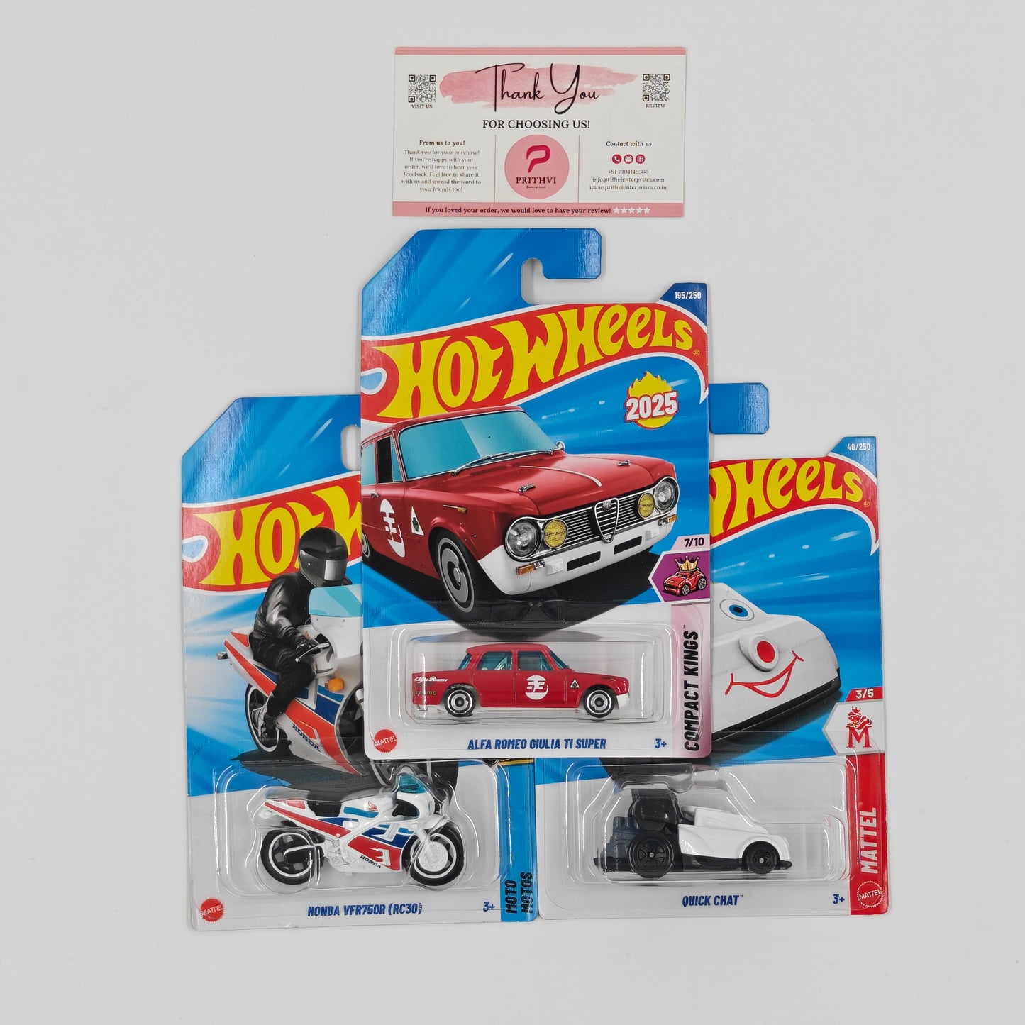Alfa Romeo Giulia TI Super, Honda VFR750R (RC30) & Quick Chat by Mattel – Hot Wheels Bundle
