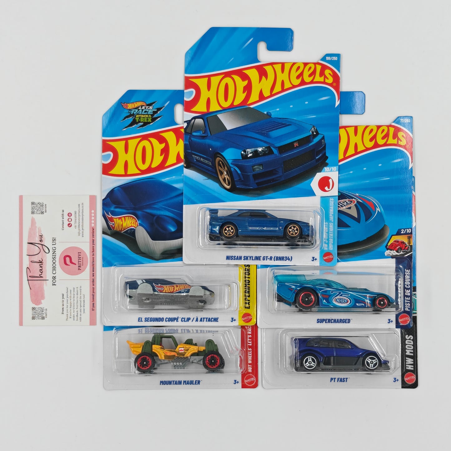 Nissan Skyline GT-R BNR34, El Segundo Coupe Clip, Supercharged, Mountain Mauler & PT Fast by Mattel – Hot Wheels 5-Car Bundle