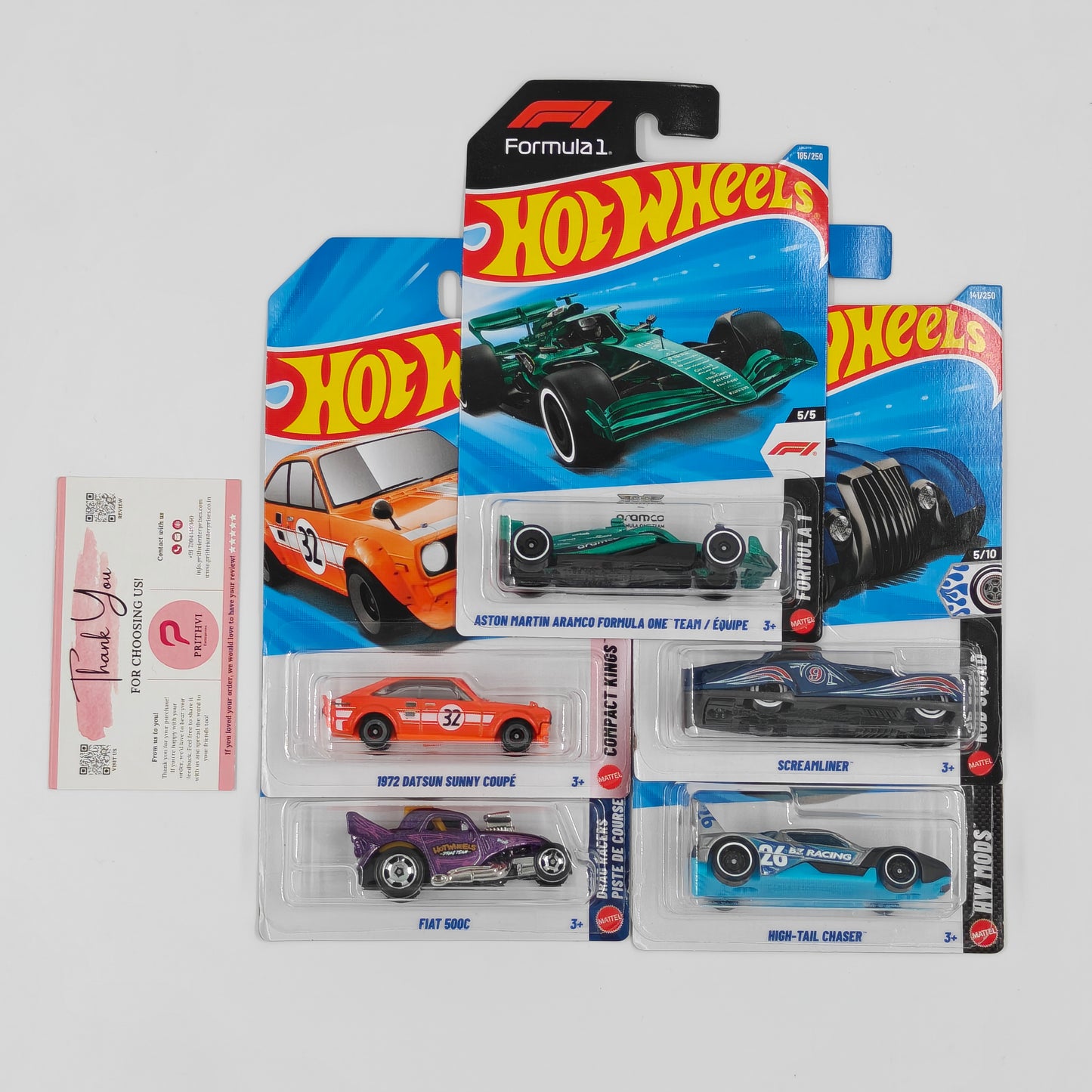 Aston Martin Aramco Formula One Team / Équipe, 1972 Datsun Sunny Coupé, Fiat 500C, Screamliner & High-Tail Chaser by Mattel – Hot Wheels Bundle