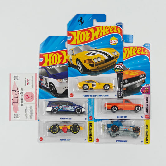 Ferrari 365 GTB4, Honda Odyssey, Datsun 620, Flippin Fast & Speed Driver by Mattel - Hot Wheels 5-Car Bundle