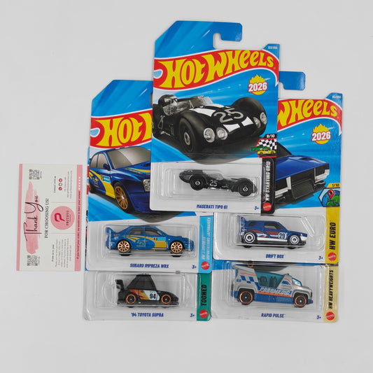 Maserati Tipo 61, Subaru Impreza WRX, '94 Toyota Supra, Drift Box & Rapid Pulse by Mattel – Hot Wheels Bundle - Prithvi Enterprises