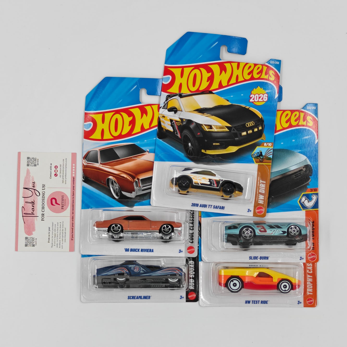 2019 Audi TT Safari, '66 Buick Riviera, Screamliner, Slide-Burn & HW Test Ride by Mattel – Hot Wheels Bundle