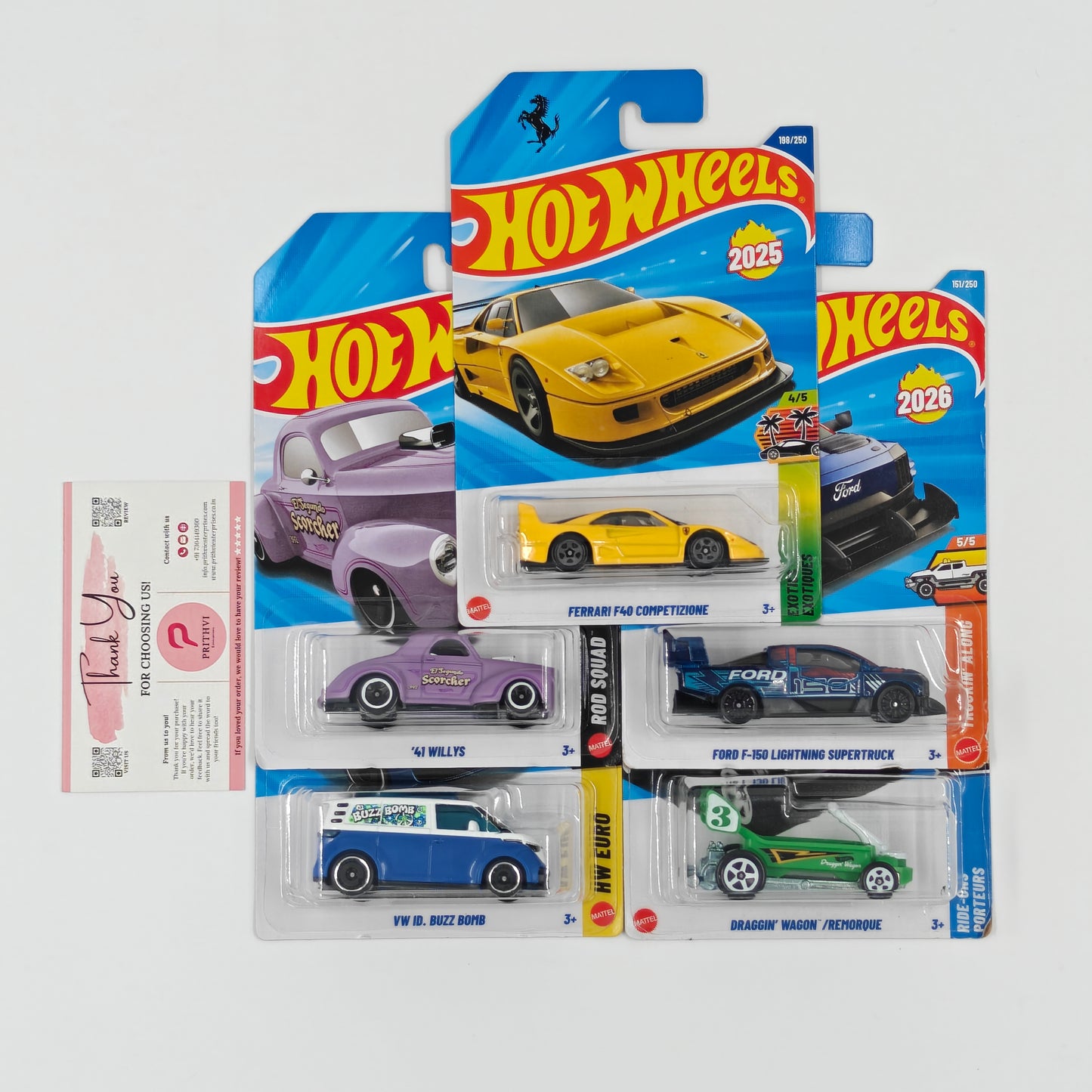 Ferrari F40, '41 Willys, VW ID Buzz Bomb, F-150 Lightning Supertruck & Draggin' Wagon by Mattel - Hot Wheels 5-Car Bundle