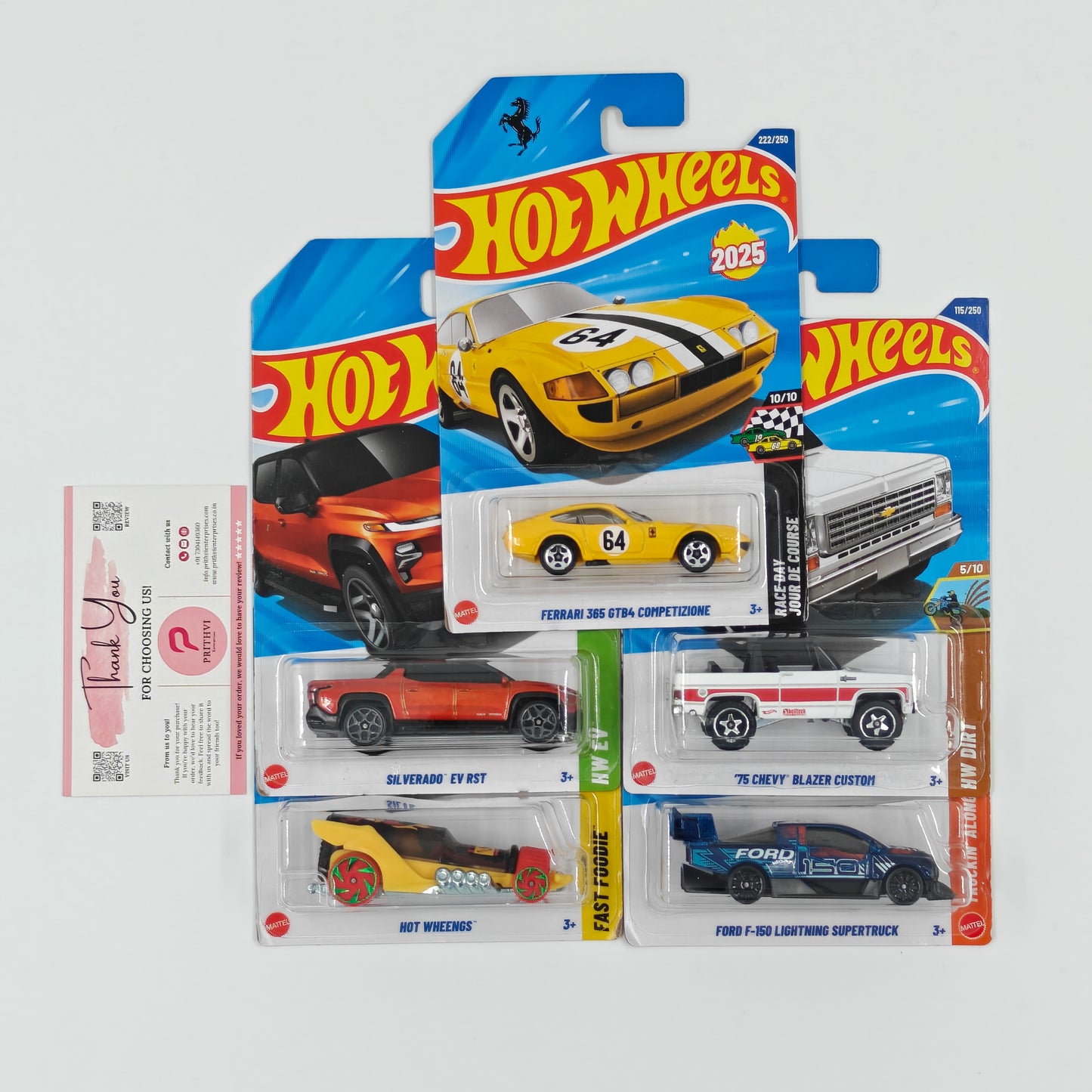 Ferrari 365 GTB4, Silverado EV RST, '75 Chevy Blazer Custom, Hot Wheengs & F-150 Lightning Supertruck by Mattel - Hot Wheels 5-Car Bundle