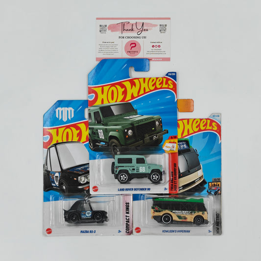 Land Rover Defender 90, Mazda RX-3 & Kowloon'd Hypervan by Mattel – Hot Wheels Bundle - Prithvi Enterprises
