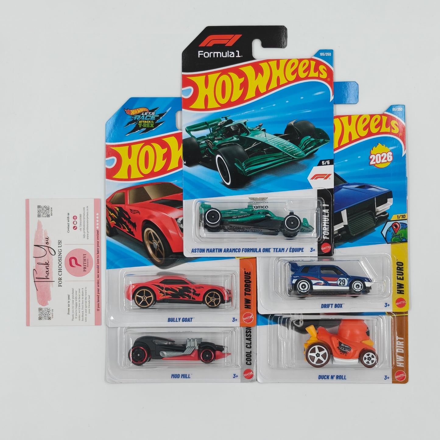 Aston Martin Aramco F1 Team, Bully Goat, Drift Box, Mod Mill & Duck N' Roll by Mattel – Hot Wheels 5-Car Bundle
