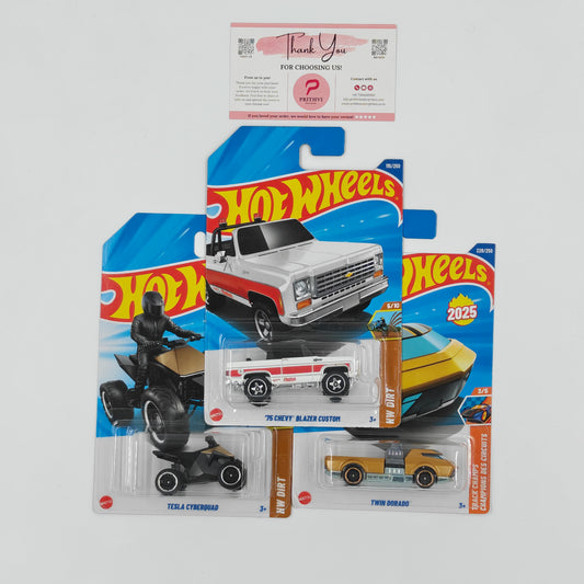 Hot Wheels Bundle – Tesla Cyberquad, '75 Chevy Blazer Custom & Twin Dorado by Mattel
