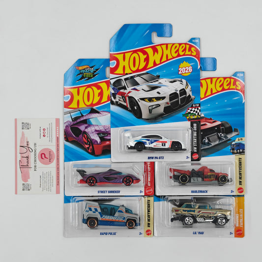 BMW M4 GT3, Street Shrieker, Rapid Pulse, Haulerback & Lil' Mad by Mattel – Hot Wheels 5-Car Bundle - Prithvi Enterprises