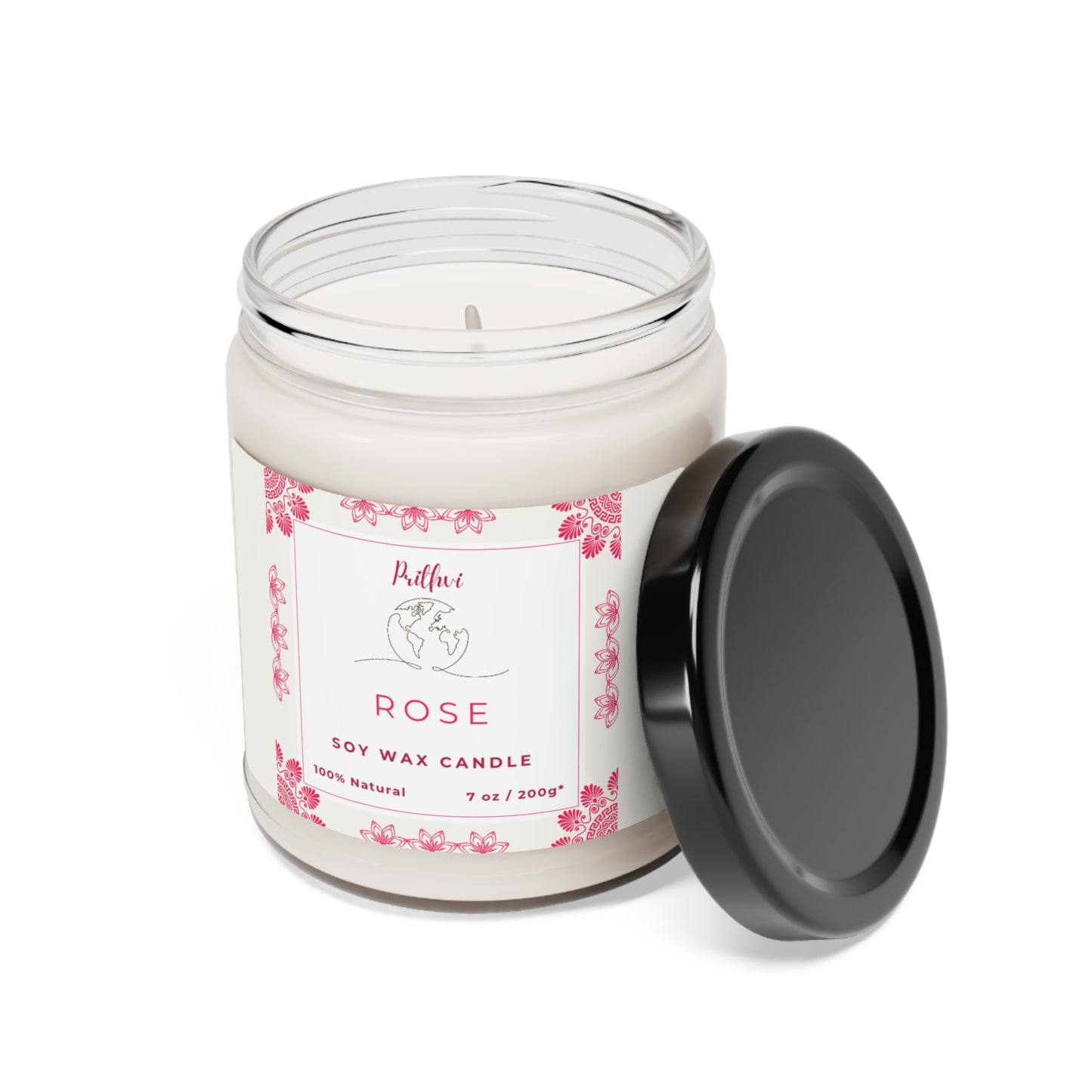 Prithvi Handmade Soy Wax Candle with "Rose" Fragrance (200g/7oz, 40 Hours Burn Time)