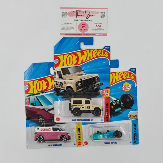 Land Rover Defender 90, VW ID Buzz Bomb & Morgan Super 3 by Mattel – Hot Wheels Bundle