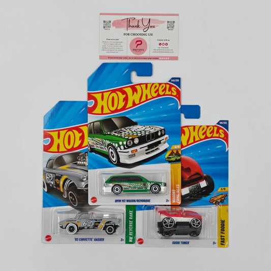 BMW M3 Wagon, '62 Corvette Gasser & Sushi Tuner by Mattel – Hot Wheels Bundle - Prithvi Enterprises
