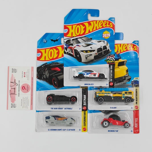 BMW M4 GT3, The Dark Knight Batmobile, El Segundo Coupé Clip / À Attache, 5 Alarm & Decidedly Go by Mattel – Hot Wheels Bundle - Prithvi Enterprises