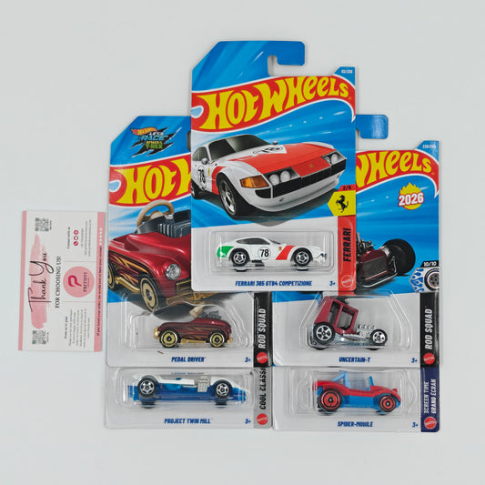 Ferrari 365 GTB4 Competizione, Pedal Driver, Project Twin Mill, Uncertain-T & Spider-Mobile by Mattel – Hot Wheels Bundle - Prithvi Enterprises