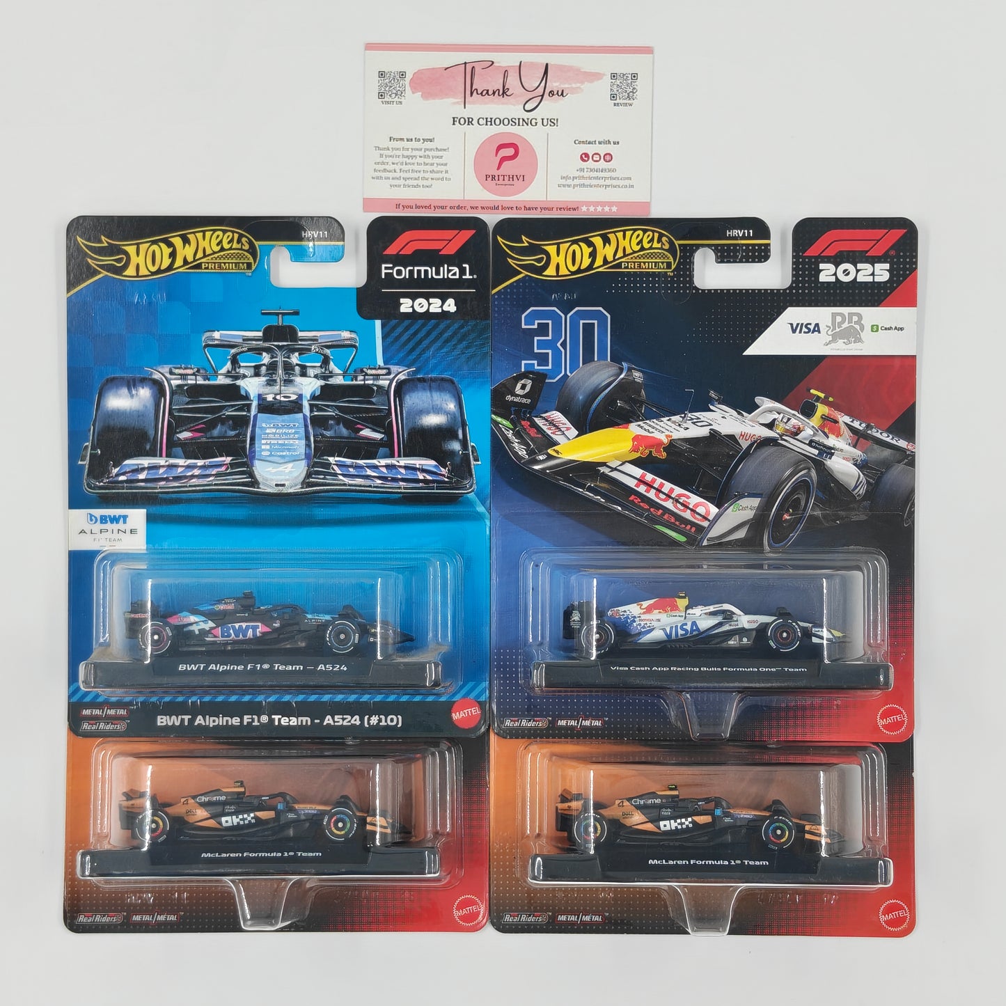 BWT Alpine F1 Team – A524 (#10), Visa Cash App Racing Bulls Formula One Team, McLaren Formula 1 Team & McLaren Formula 1 Team (2nd) by Mattel – Hot Wheels Premium Bundle