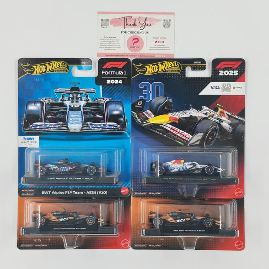 BWT Alpine F1 Team – A524 (#10), Visa Cash App Racing Bulls Formula One Team, McLaren Formula 1 Team & McLaren Formula 1 Team (2nd) by Mattel – Hot Wheels Premium Bundle - Prithvi Enterprises