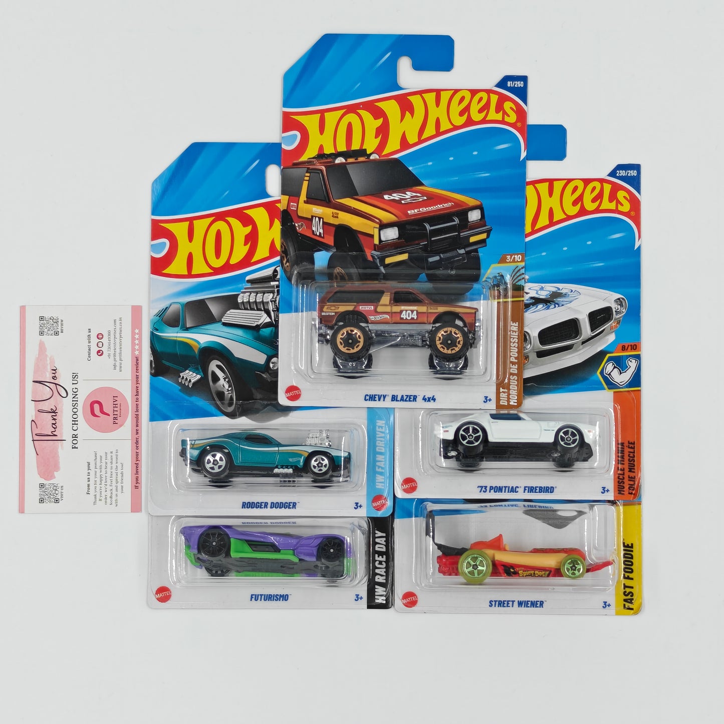 Chevy Blazer 4x4, '73 Pontiac Firebird, Rodger Dodger, Futurismo & Street Wiener by Mattel – Hot Wheels 5-Car Bundle