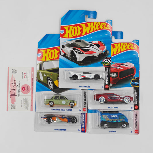 Bugatti Bolide, Alfa Romeo Giulia TI Super, Salt Streaker, Bullet Proof & Kei Swap by Mattel – Hot Wheels Bundle - Prithvi Enterprises