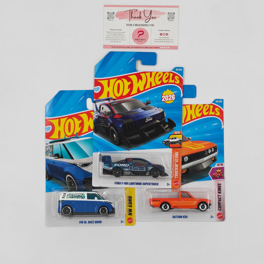 Hot Wheels Bundle – VW ID Buzz Bomb, Ford F-150 Lightning Supertruck & Datsun 620 by Mattel