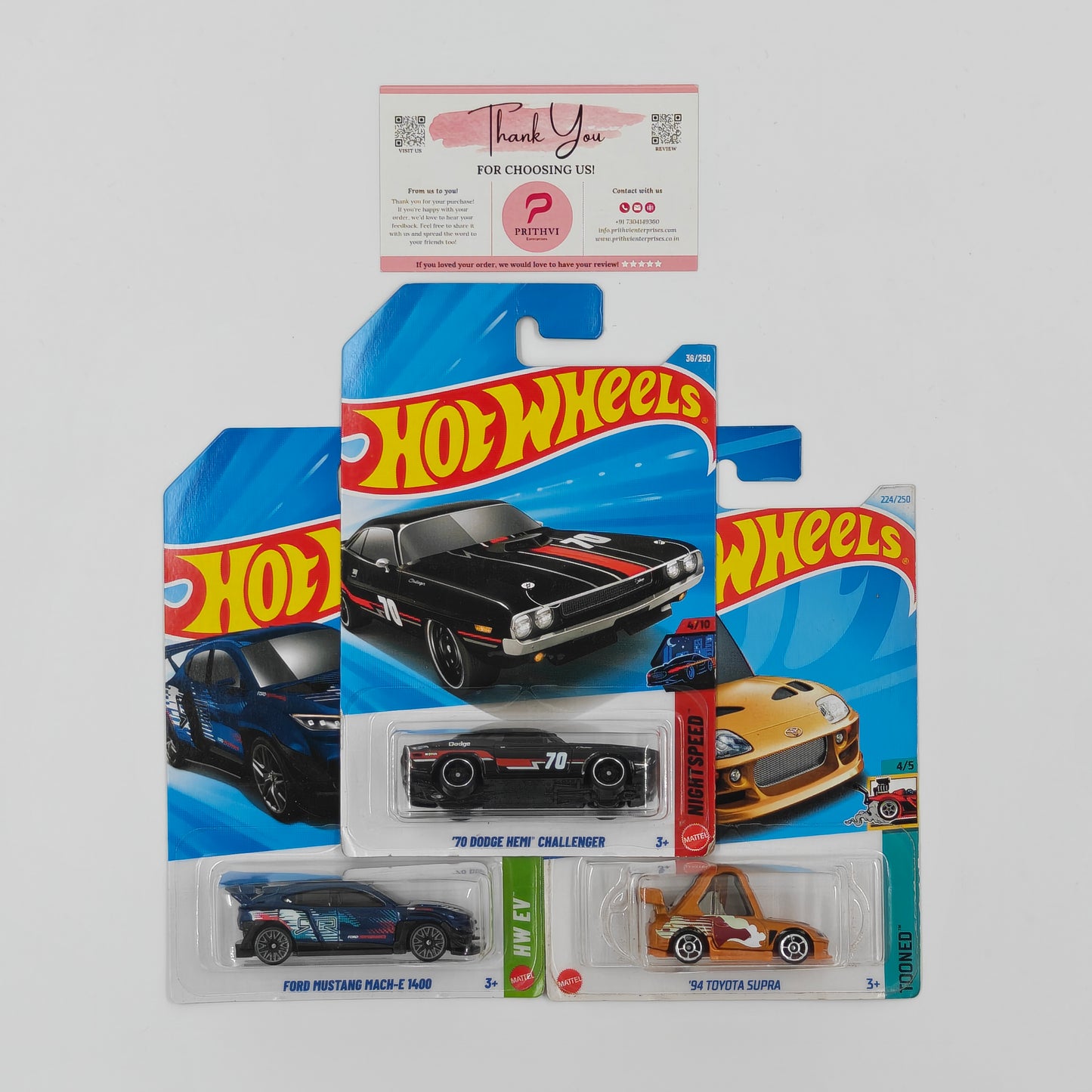 '70 Dodge Hemi Challenger, Ford Mustang Mach-E 1400 & '94 Toyota Supra by Mattel – Hot Wheels Bundle